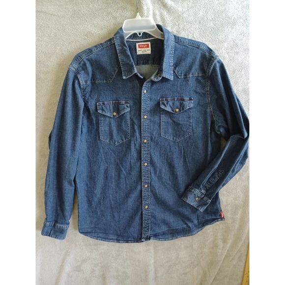 Wrangler Other - Wrangler 2XL Men Denim Western Snap Shirt Indigo Blue Long Sleeve JSD4AWB Cowboy
